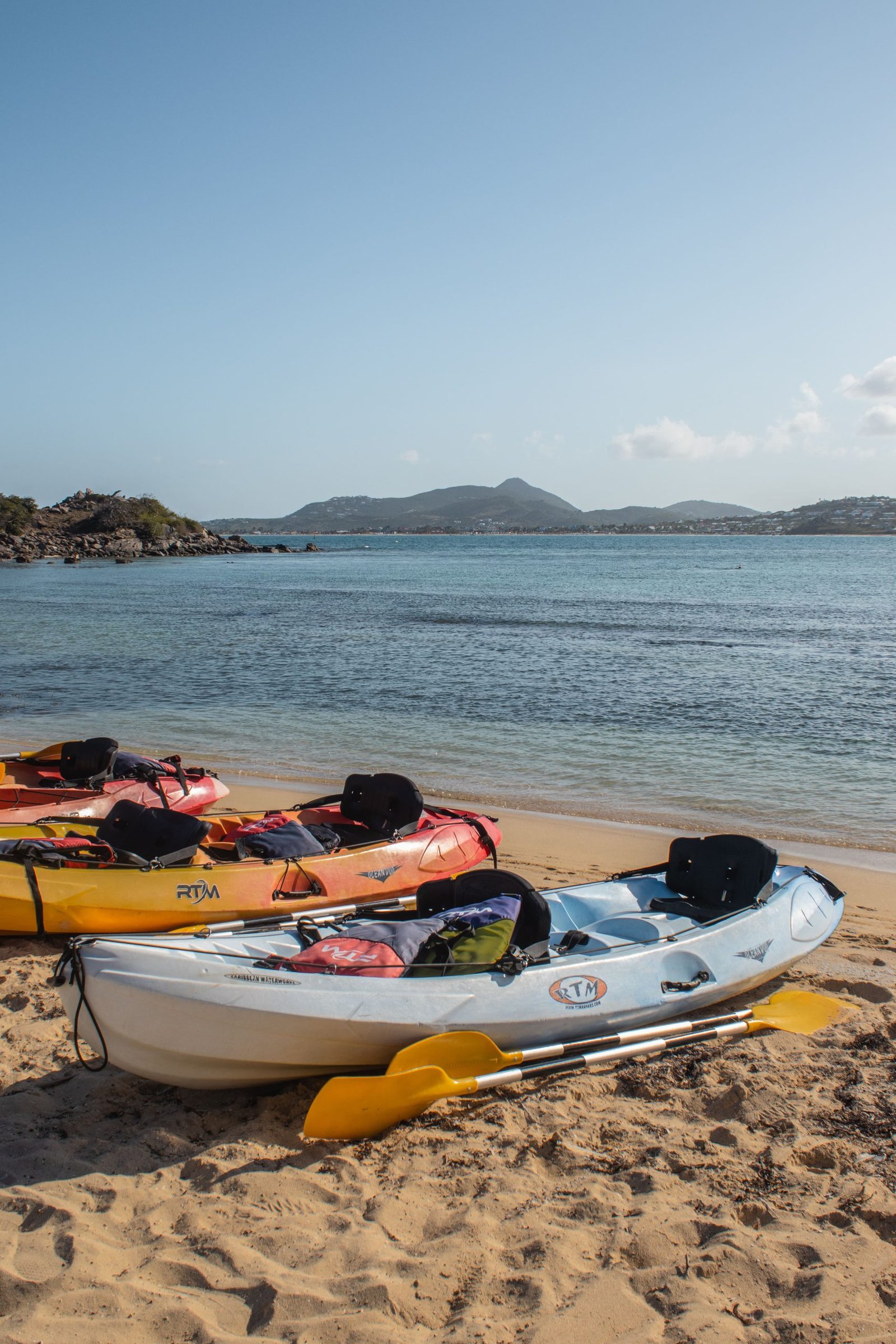 Kayaks on a beach at Pinel Island in Saint-Martin.