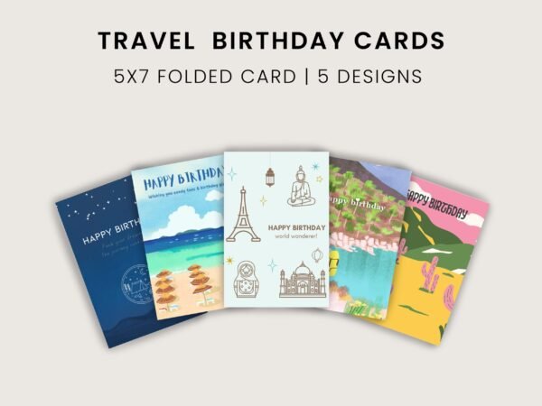 Travel Birthday Cards Pack – Night, Beach, Monuments – Printable 5x7" Cards | Digital Download | Adventure Birthday Postcards