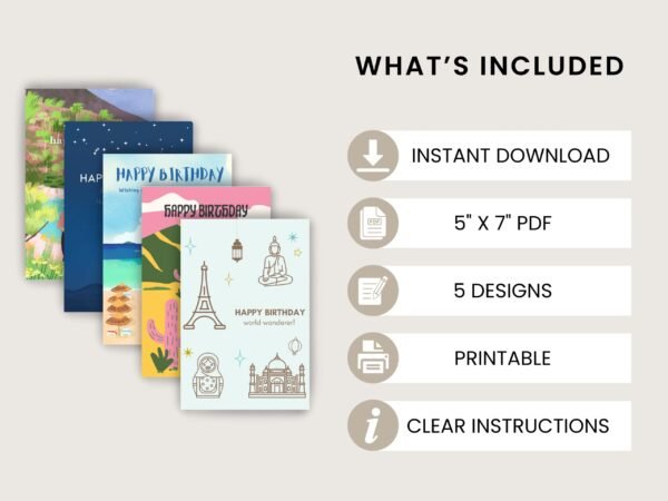 Travel Birthday Cards Pack – Night, Beach, Monuments – Printable 5x7" Cards | Digital Download | Adventure Birthday Postcards - Image 2