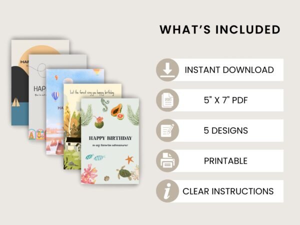 Travel Birthday Cards Pack – Sunset, Nature, Airplane, Tropical – 5 Printable 5x7" Cards | Digital Download for Adventure Lovers - Image 2