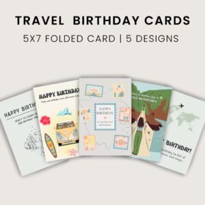 Travel Birthday Cards Pack – Camping, Travel Map, Hippie Style, Adventure – 5 Printable 5x7 Cards | Digital Postcards for Explorers