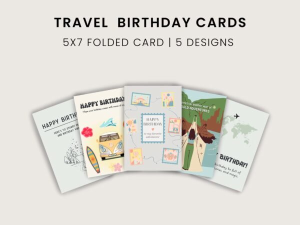 Travel Birthday Cards Pack – Camping, Travel Map, Hippie Style, Adventure – 5 Printable 5x7 Cards | Digital Postcards for Explorers