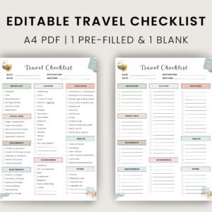 Travel Checklist Printable – 2 Page PDF | Pre-Filled & Blank Packing List | A4 Digital Download for Trip Planning | Canva Friendly