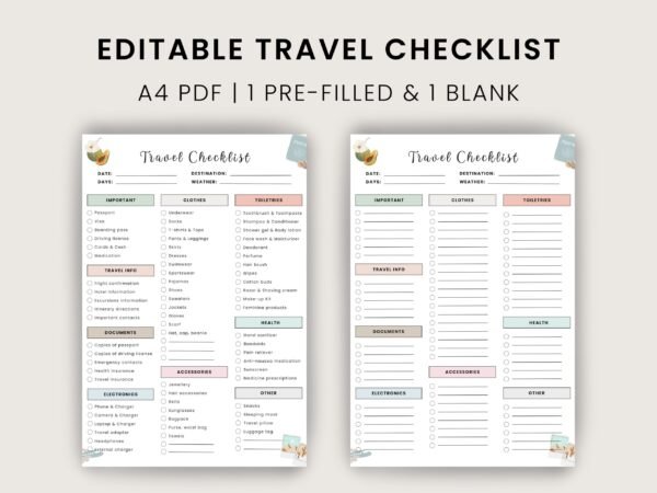 Travel Checklist Printable – 2 Page PDF | Pre-Filled & Blank Packing List | A4 Digital Download for Trip Planning | Canva Friendly