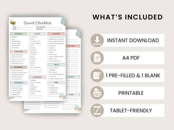 Travel Checklist Printable – 2 Page PDF | Pre-Filled & Blank Packing List | A4 Digital Download for Trip Planning | Canva Friendly - Image 2